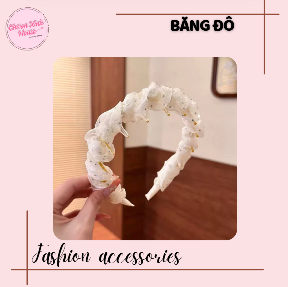 Băng Đô Xược Tóc Xếp Ly Bong Bóng Đính Hạt Tạo Độ Phồng Dễ Thương Phụ Kiện Tóc Cho Nữ - Ảnh 3
